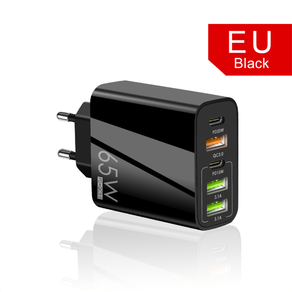 65W PD-lader USB smarttelefon laderadapter med type-C PD+3USB telefonlader og strøm black