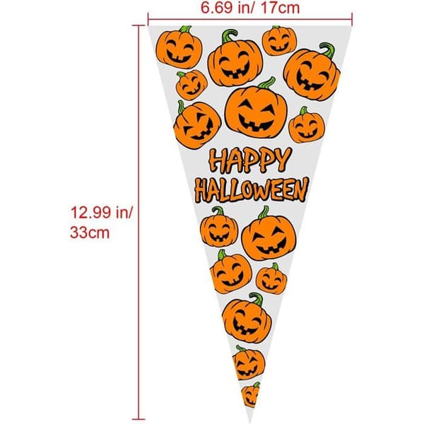 100 stykker 33 x 17 cm kegleformede cellofanposer med 100 bindere til jule- og halloweenfestgaver (farve A)