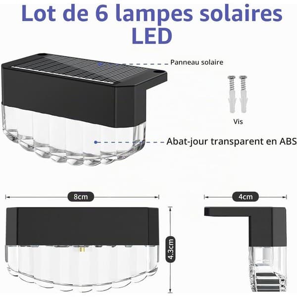 6 stk. solcellelamper for utendørs bruk, LED-solcellelamper, solcellevegglamper, vegglamper (varmhvit)