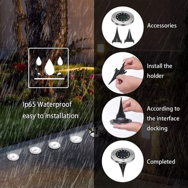 12 LED utendørs solcellelamper, 12 stk. hagebakkelamper, 6000K vanntett IP65 innfelte solcelle-spotlights