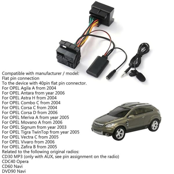 Audio Aux-kabeladapter Bluetooth-kompatibel 5.0 Extern mikrofon för Opel Cd30 Cdc40 Cd70 Dvd90