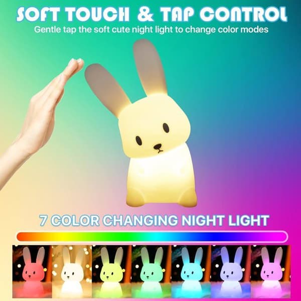 Kanin-natlampe til baby med 7 lysskift, trykstyring, USB genopladelig, timerfunktion, sengelampe