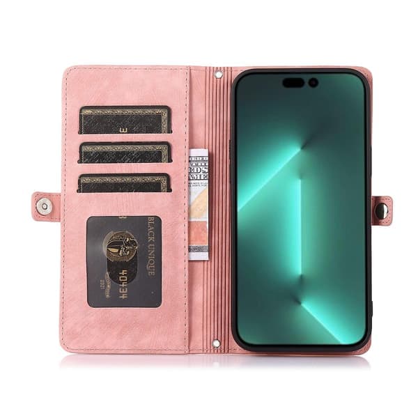Læder telefoncover med flere kortpladser til iPhone 15 Pro Max Pink Pink