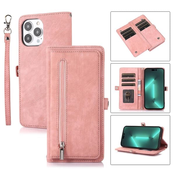 Læder telefoncover med flere kortpladser til iPhone 15 Pro Max Pink Pink