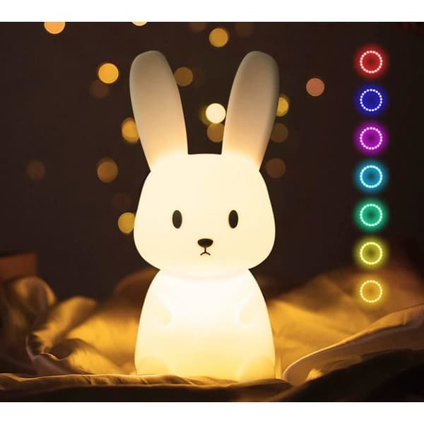 Kanin-natlampe til baby med 7 lysskift, trykstyring, USB genopladelig, timerfunktion, sengelampe