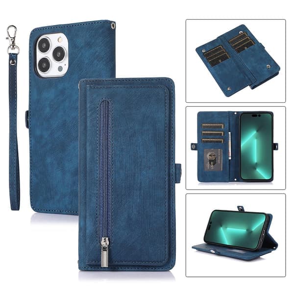 Læder telefoncover med flere kortlommer til iPhone 15 Pro Max Blå Blue