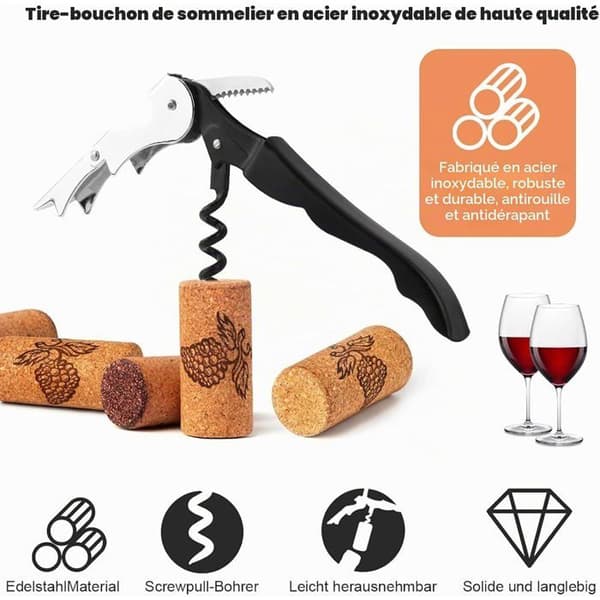 set med 4 professionella sommelierkorkskruvar, en 3-i-1 korkskruv, 12,1 cm lång.