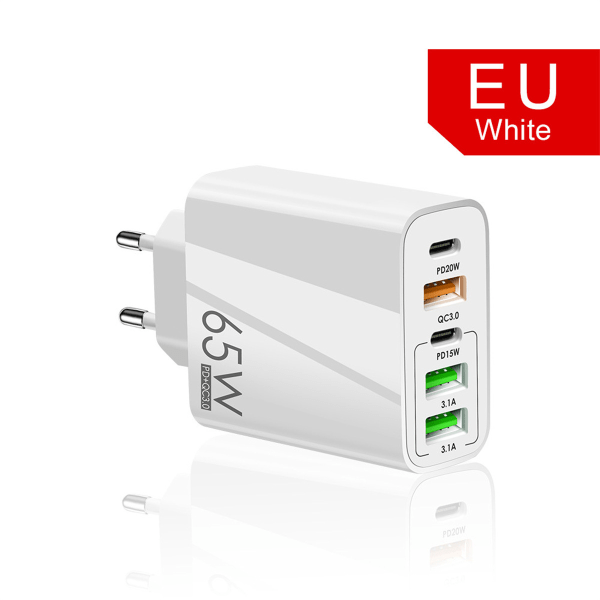 65W PD-lader USB smarttelefon laderadapter med type-C PD+3USB telefonlader og strøm white