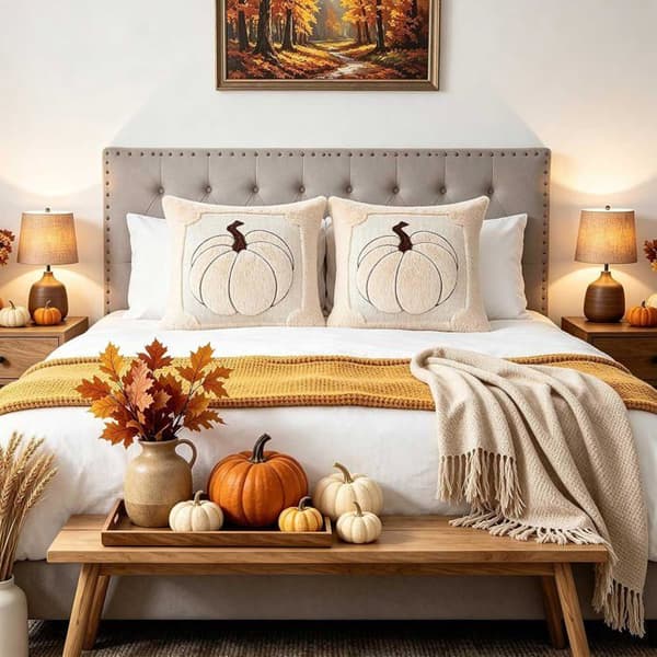 2 st 40 x 40 cm, stora kuddfodral med pumpamönster för sovrum, Thanksgiving, Halloween (beige)