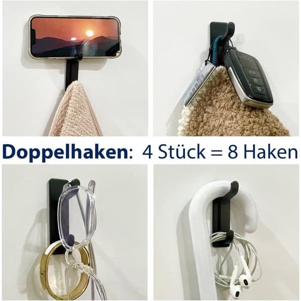 4 itsekiinnittyvän seinäkoukun sarja, koukut keittiöpyyhkeille, mustat itsekiinnittyvät koukut vaatteille