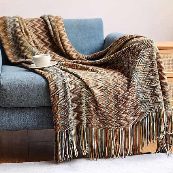 Strikket tæppe til sofa, sildebensmønstret sengetæppe, superblødt tæppe, 130x170cm