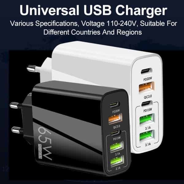 65W PD-lader USB smartphone opladeradapter med type-C PD+3USB telefonoplader og strøm black
