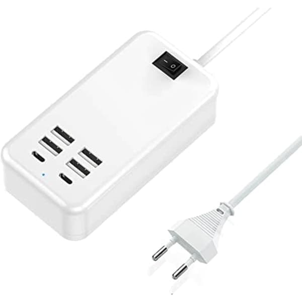 USB C, 6-ports USB-lader, 2 USB-C-porter + 4 USB-A-porter, multi-USB-lader