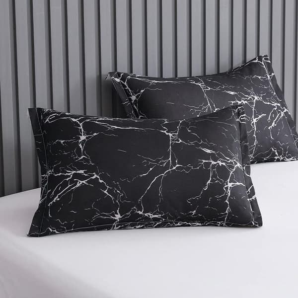 Dynebetræk 200x200cm + 2 pudebetræk 50x75cm - Sort og hvid marmor vendbart sengetøjssæt til 2 voksne