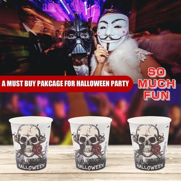 30 stk. engangskopper til Halloween, 255 ml engangskopper med skjelett- og hodeskalledesign