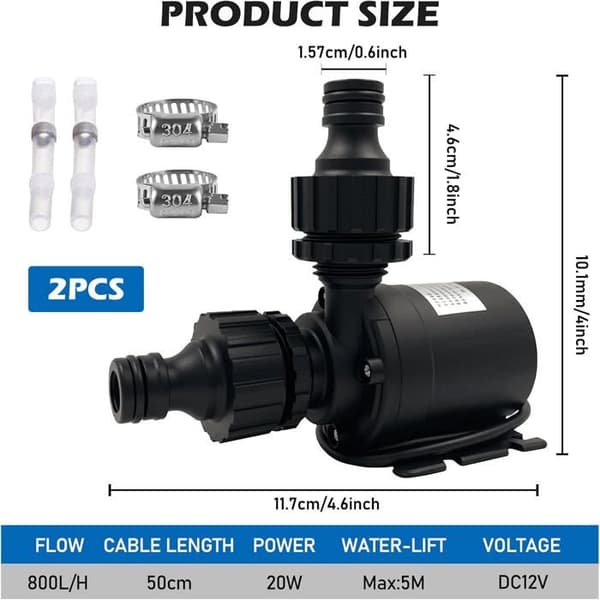 2 st 12v vattenpump, mini dränkbar vattenpump med borstlös motor, 800l/h, 5m, vattenpumpar för vattencirkulation