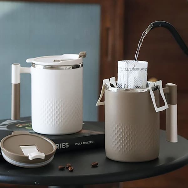 Kaffemugg To Go kaffe, termosmugg med lock och sil, tekopp i rostfritt stål, kopp, kaffekopp temugg 450 ml Khaki