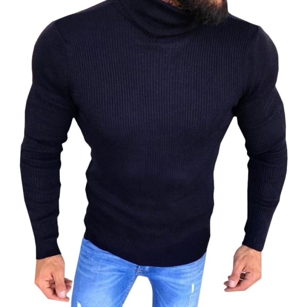 Män Höstmode Stickad Pullover Tröja Hög deep blue XL
