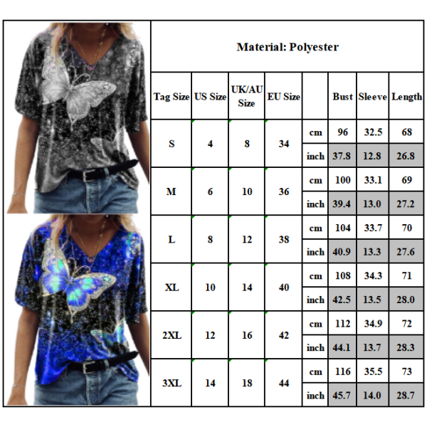Fashion Creative Woman's Butterfly Print Kortärmad T-shirt Gray 3XL