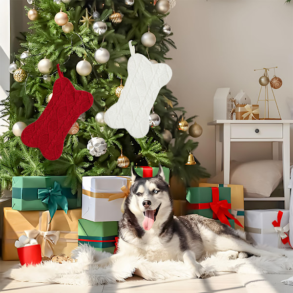 Julstrumpa för hundar, stickad julstrumpa för hundar, benformad hundstrumpa julstor stor husdjursstrumpa hängande hundstrumpa för katter husdjur White