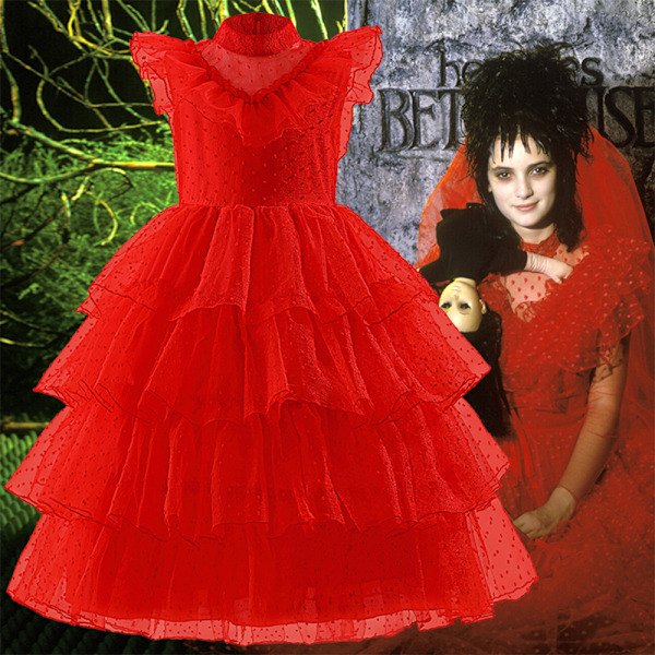 Film Skalbaggejuice Lydia Röd Bröllopsklänning Flickor Cosplay Kostym Halloween Fest 120cm