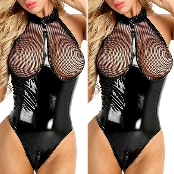 Lackläder Sexig Bodysuit Bekväm Andningsbar för Kvinnor Black L
