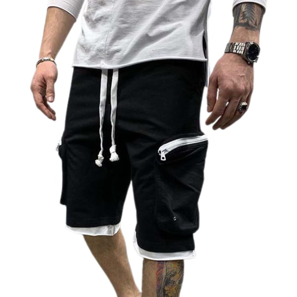 Snygga enfärgade sportshorts med flera casual för män Black 3XL