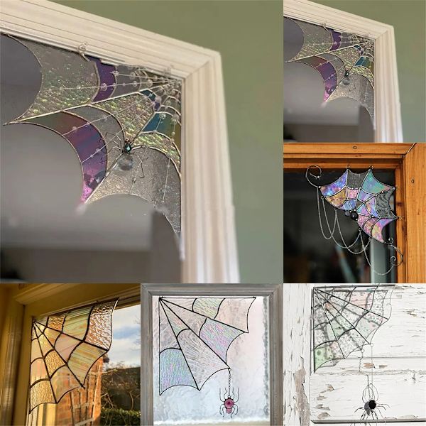 Spindelvävsdörröverdel, Dörröverdel Väggdekor, Halloween Dörrhörntecken, Spindelväv Färgat Glas Fönster Vägghängande A