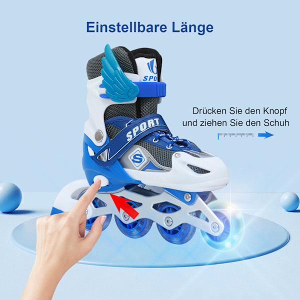 Inlineskates, justerbara rullskridskor, inlinehjul med ljus, rullskridskor, inliner, justerbar storlek 26-41, trippelt skydd Blue M