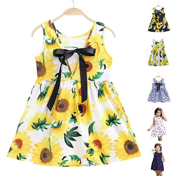 Småbarn Flickor Sommar Ärmlös Tank Klänning Semester Blommig Kort Sommarklänning E 130cm