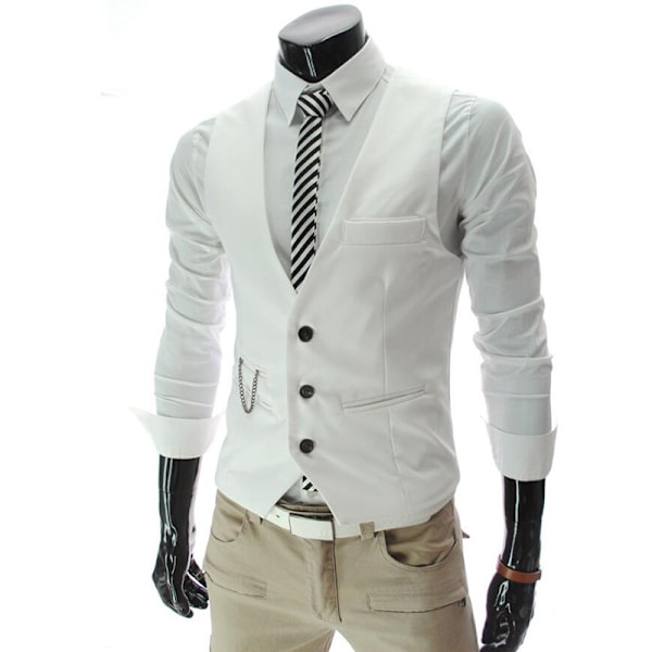 Herr Kedjeknapp Kostym Väst Jacka Cardigan Korta Slimma Rockar White 2XL