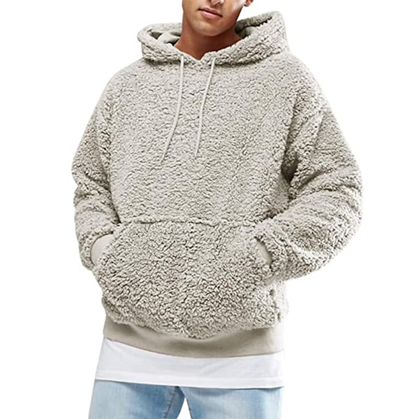 Herr Tjock Fleece Hoodie Pullover Vinter Varm Plysch Päls Huva Jumper Sweatshirt Grey 2XL