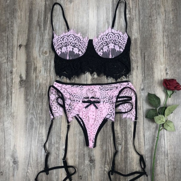 Kvinnors underkläder bh och trosor 2-delad sexig underkläder pyjamas Pink L