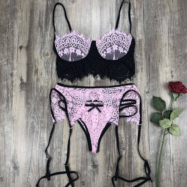 Kvinnors underkläder bh och trosor 2-delad sexig underkläder pyjamas Pink S