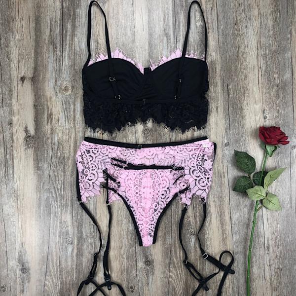 Kvinnors underkläder bh och trosor 2-delad sexig underkläder pyjamas Pink L