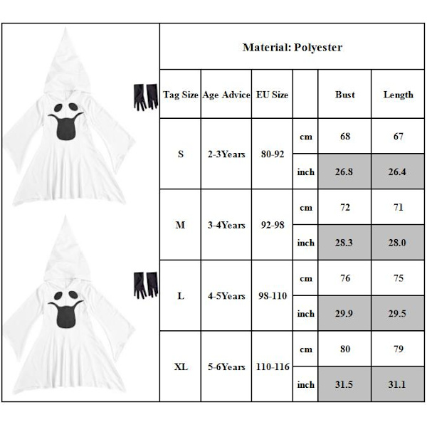 Barn Flickor Pojkar Halloween Kostym Vit Spöke Leende Kappa L