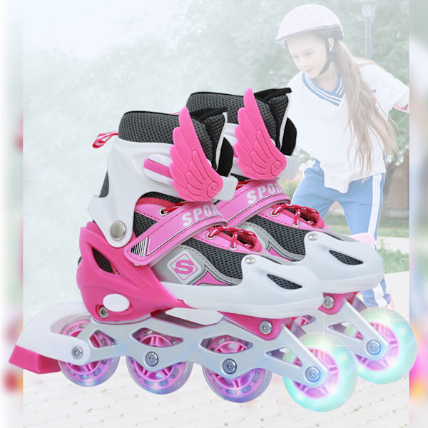 Inlineskates, justerbara rullskridskor, inlinehjul med ljus, rullskridskor, inliner, justerbar storlek 26-41, trippelt skydd Pink M