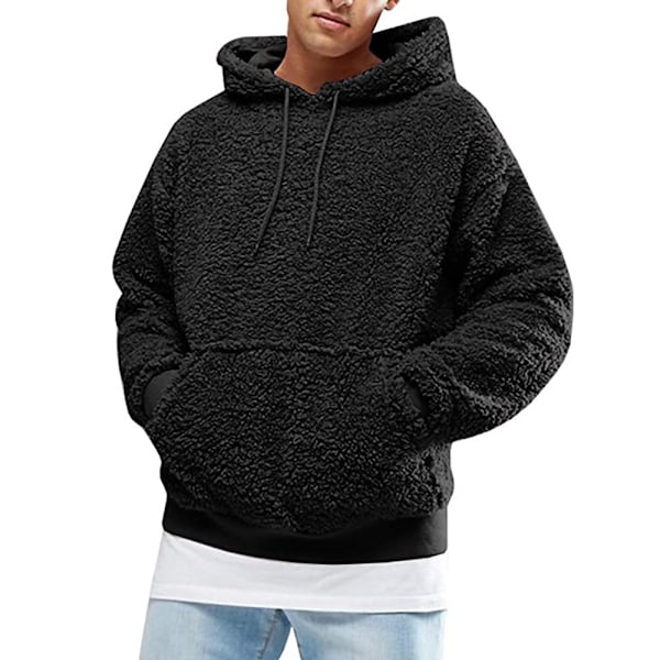 Herr Tjock Fleece Hoodie Pullover Vinter Varm Plysch Päls Huva Jumper Sweatshirt Black L