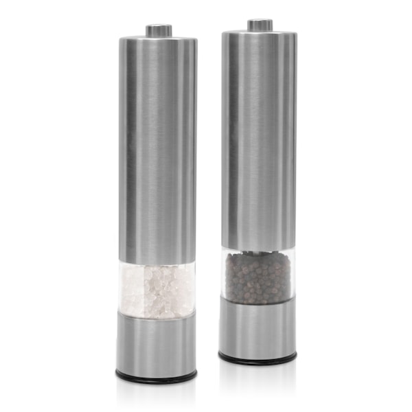 Elektrisk pepparkvarn saltkvarn, med justerbar keramisk kvarn 2-pack rostfritt stål kryddkvarn batteridriven med LED