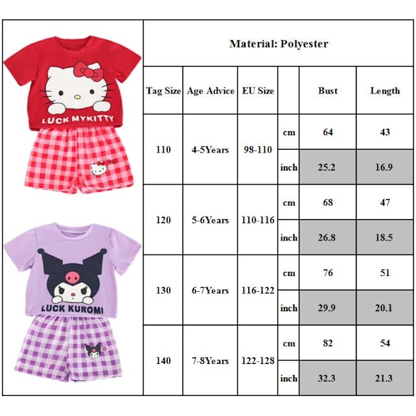 2 st Sanrio Melody Kuromi HelloKitty Cinnamoroll T-shirt och rutig shorts för flickor Red 110cm