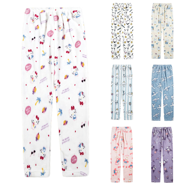 Dam Flanell Pyjamas med Cartoon Anime Casual Mysig Mjuk Byxor Vinter Varma Sovkläder Byxor Pink L
