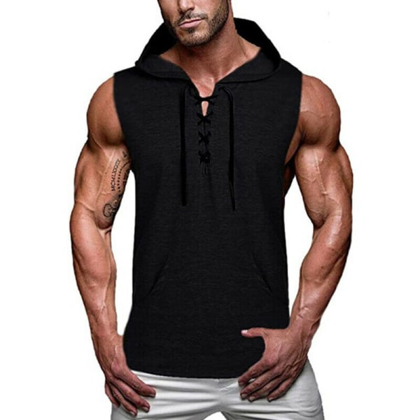 Herr Sommar T-shirts Muskel Casual Ärmlös Huvtröja Slim Skjorta Black L