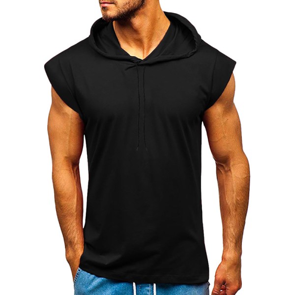 Hooded Men Sleeveless Drawstring Straight Tops Black S