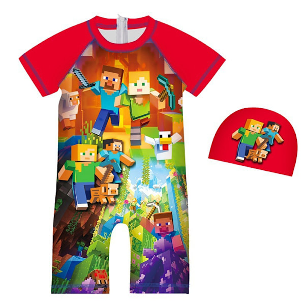 Barnbadkläder för pojkar Tecknad Minecraft Småbarn Badkläder Baby Pojkar Baddräkt Surfkläder Hel Baddräkt Simdräkt med Badmössa Red 120cm