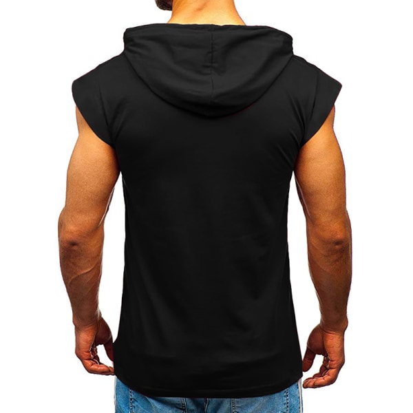 Hooded Men Sleeveless Drawstring Straight Tops Black 2XL