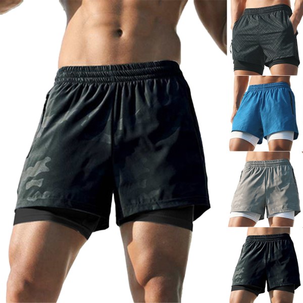 Fitness fitnessshorts för män med dubbla lager som andas Gray 3XL