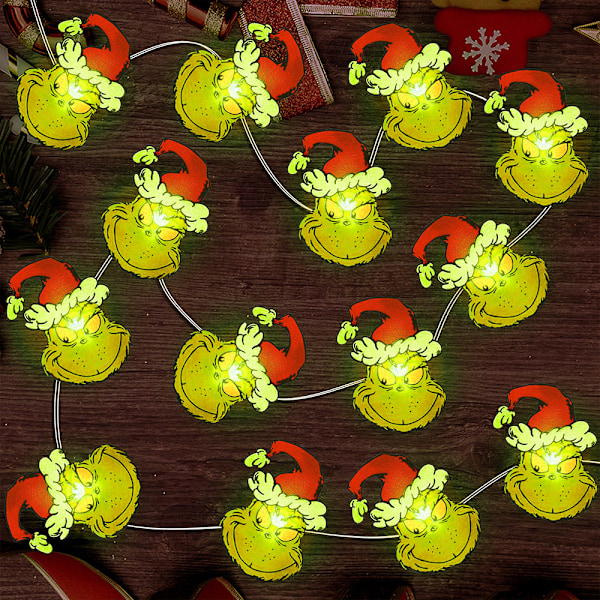 Grinch Julbelysning Dekoration - LED Grön Monster Batteridriven Ljuskedja för Julgran Hus Dörr Fönster Trädgård Rum Fest Dekoration 2m 2M