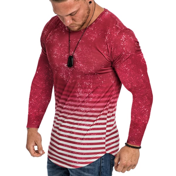 T-shirt för män digitalt tryck 3D-gradient Casual långärmad Red L