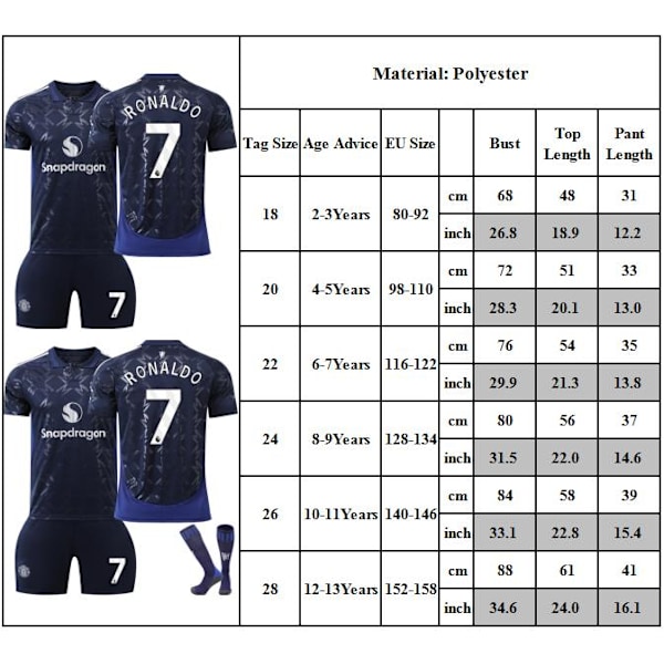 #7 RONALDO Fotbollströja Träningskit för Barn Pojkar Träningsdräkt Set Tröja + Shorts 22