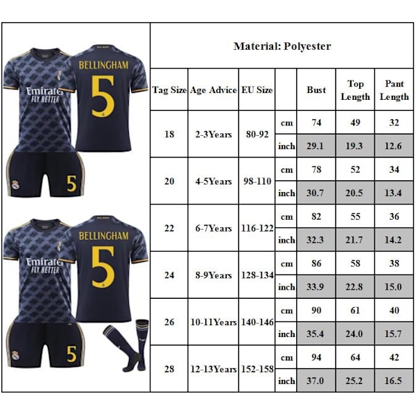 2023-2024 Real Madrid Bortamatch Barn Fotbollströja Set #5 Bellingham Tröja Ungdom Träningskläder Fotboll Träningsuniformer 18